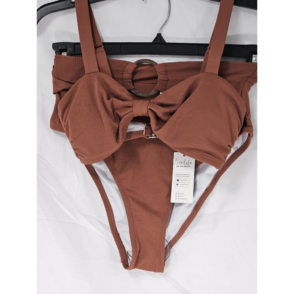 Cupshe Rust Brown Waffle Knit Textured Triangle Bikini Top Adjustable Straps NEW